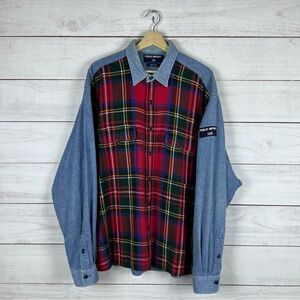 RARE Vintage 1990s Polo Sport Ralph Lauren Denim Plaid Button Shirt XL
